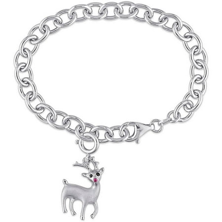 Black Diamond and Created Ruby-Accents Sterling Silver Deer Charm Bracelet, 7.5