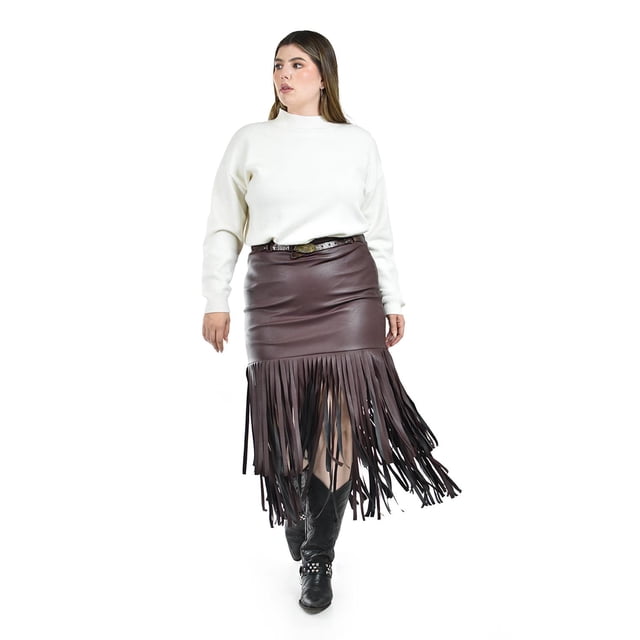 Falda de vinipiel con flecos Roman Fashion /Tallas Extras, 7063 (Cafe) cafe 38