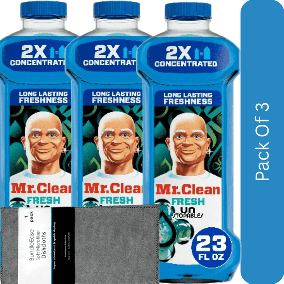 Mr. Clean 23 fl oz 2X Concentrated Mop Soap & Multi-Surface Floor Cleaner, Unstopables Fresh with Microfiber Solid Color Towel by BundleEase