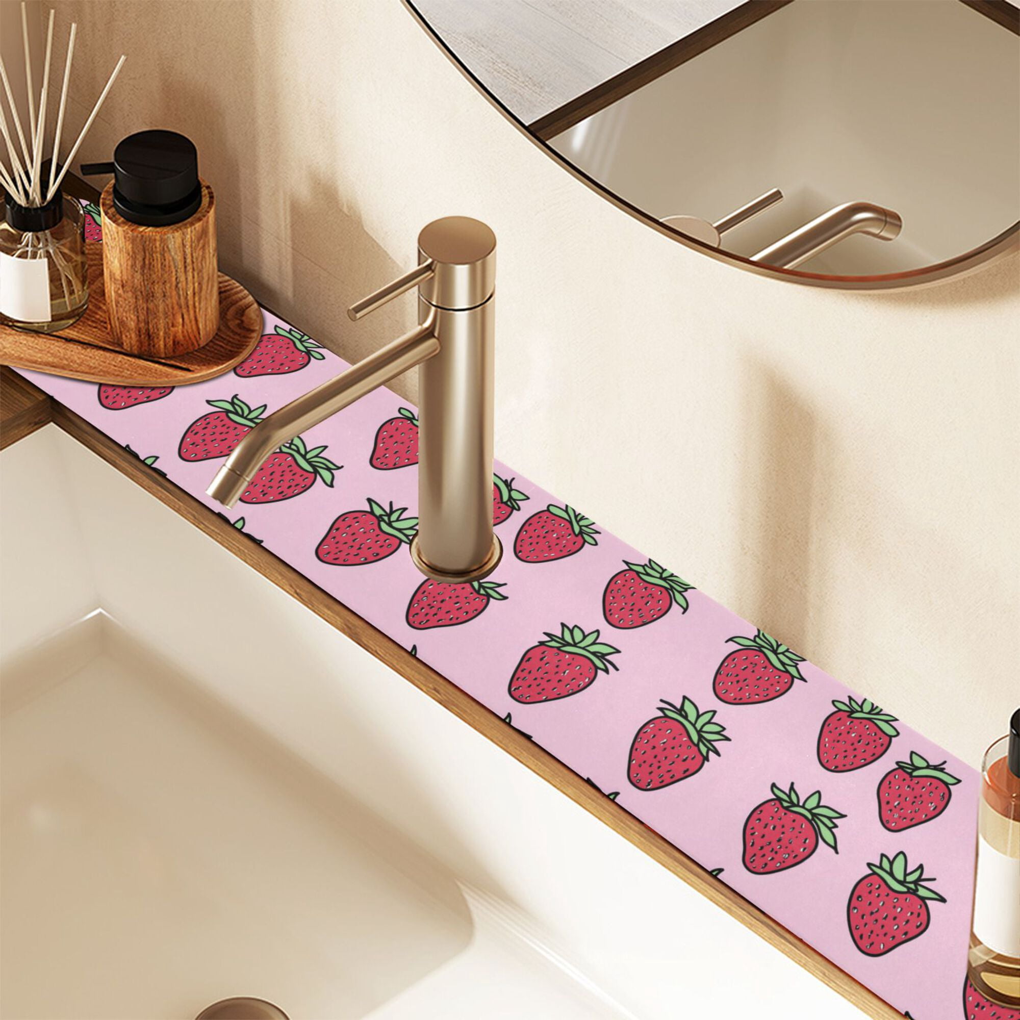 Yayeee Faucet Mat for Kitchen Sink 30" Diatomite Long Splash Guard Pad, Cartoon Strawberry, 2 Pack
