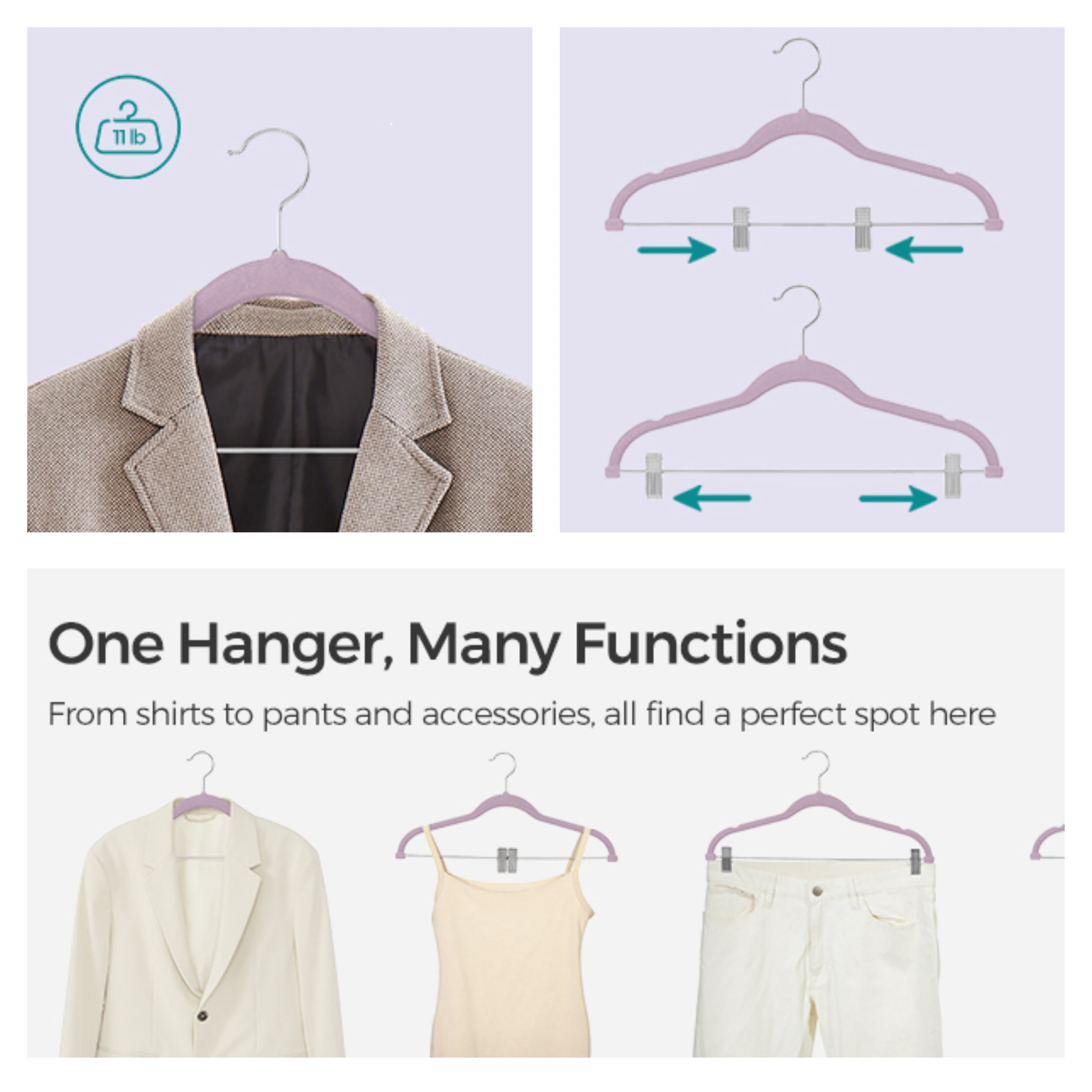 Ledrem 30-pack Adjustable Velvet Hangers, Skirt & Pants Hangers with Movable Clips, Adult, Pale Purple