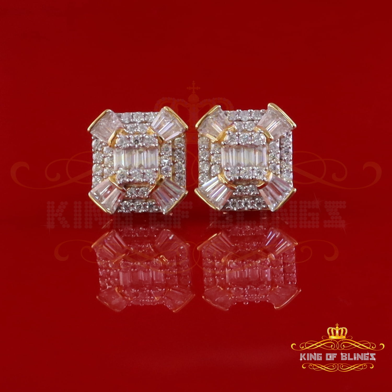 King of Bling's 925 Yellow Silver 1.25ct VVS 'D' Moissanite Rectangle Stud Earring Men's/Womens