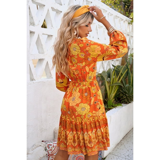 ABPHQTO Vestido Bohemio De Mujer Naranja Floral Latón Envejecido Abotonado