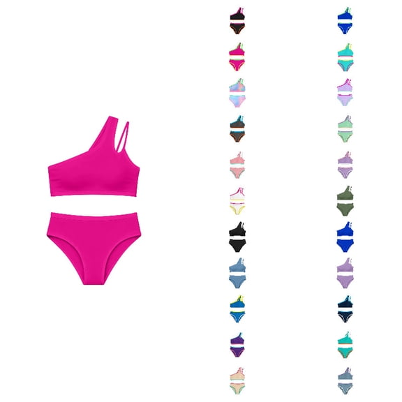 Tween Girls One Shoulder Color Block Two Piece Bikini Swimsuit with Chest Pad for Beach Swimming Summer 9-10 Years