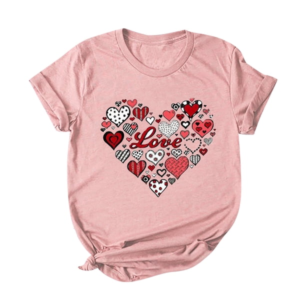 Camisas casuales de manga corta para mujer Tops Blusa con cuello en O con estampado del día de San Valentín Fridja gope1097