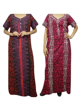 Mogul Women's Printed Cotton Sleepwear House Dress Short Sleeves Button Front Nightgown Maxi Caftan L
