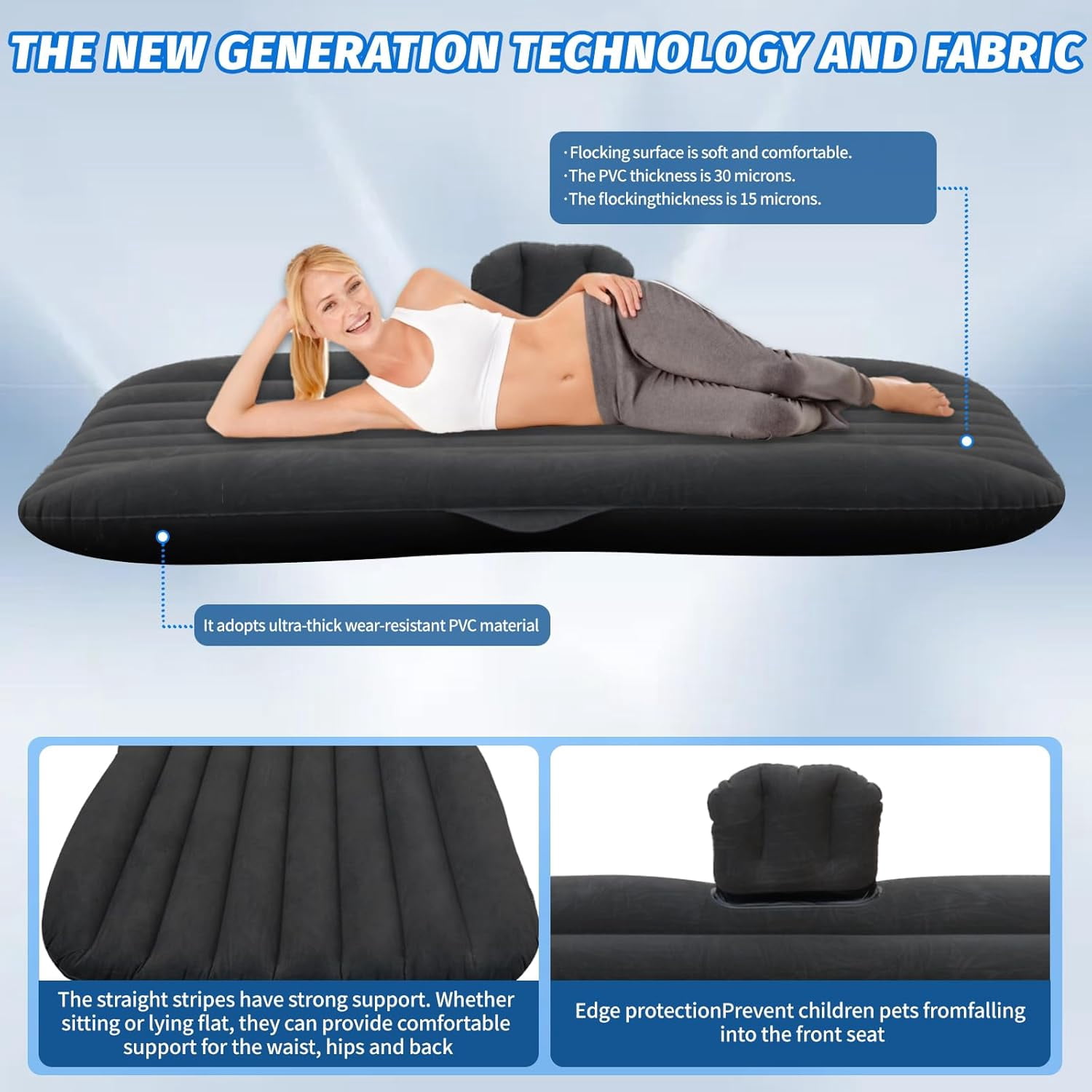 Portable Inflatable Car Air Mattress for Back Seat 55x35 Inch Thickened Travel Camping Sleeping Blow Up Bed with Pump Universal SUV