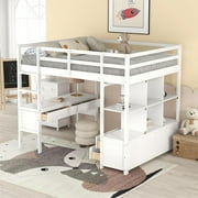 Euroco Full Loft Bed Wood Frame Desk with Drawers and Shelf for Kids Teens, White