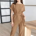 thumbnail image 4 of Jinhomg Womens Business Casual Outfits Fashion Roll Sleeve Asymmetrical Blouses and Straight Leg Pants 2 Piece Office Work Suits with Belt Khaki XXL, 4 of 10