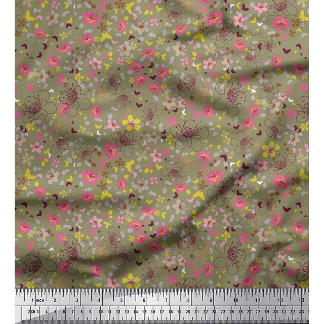 Soimoi polyester Crepe Fabric Leaves,Butterfly & Flower Floral Print Fabric by Yard 42 Inch Wide