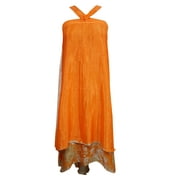Mogul Women's 2 Layer Wrap Skirt Vintage Silk Sari Orange Floral Print Beach Dress