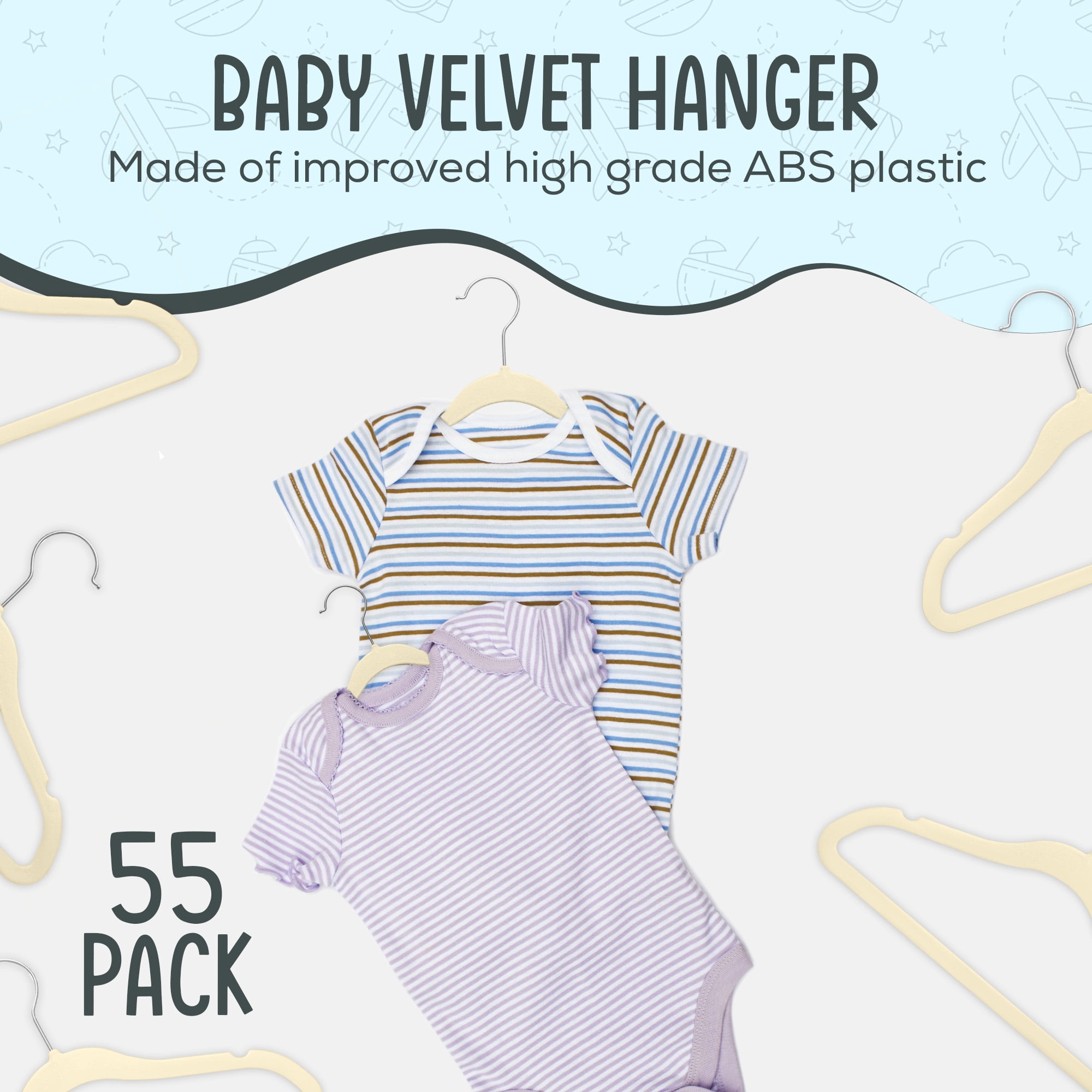 Techzoo Premium Baby Velvet Hangers 55 Pack – 11.8" Non Slip Felt Cloth Hangers for Closet – Ultra Slim, Space Saving Baby Clothes Hangers with 360° Swivel Hook Infant Hangers – Beige