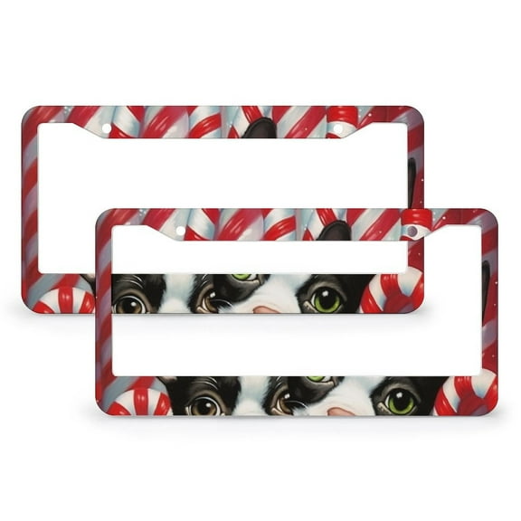 Boston Terriers And Candy Canes License Plate Frames 2 Pieces Xmas Lovely Dogs Funny License Plates Gift for Dad 2 Hole Metal License Plate Cover