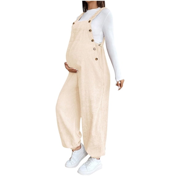 Hvyesh Women's Maternity Wide Leg Overalls Square Neck Sleeveless Jumpsuit Pants Corduroy Darwsting Waist Pregnancy Jumpsuits