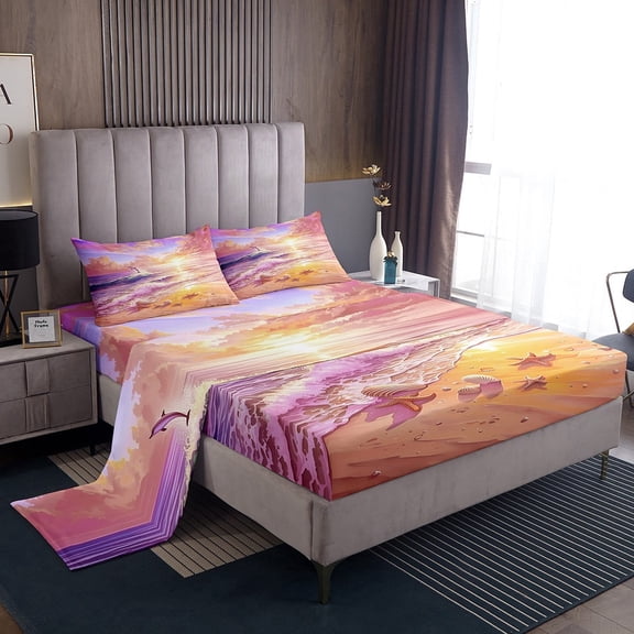 Erosebridal Sea Dolphin Sheet Set Twin,Starfish Seashell Bedding Sets Twin Size,Ocean Beach Twin Sheet Sets,Lightweight Summer Holiday Bedroom Decorative,3pcs