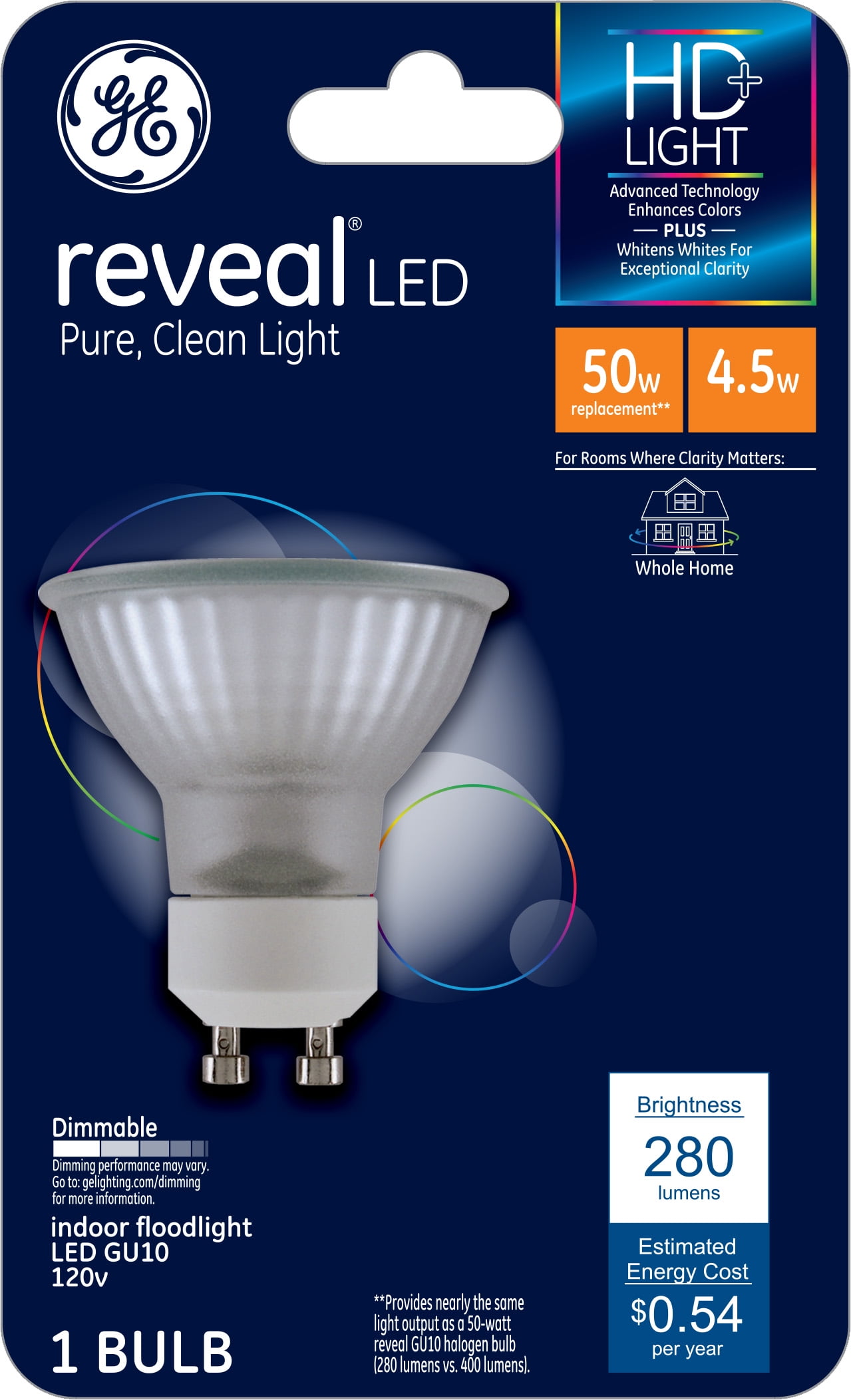 GE Reveal HD+ LED Floodlight Bulb, 50 Watt Eqv, GU10 Indoor Light Bulb