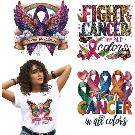 4 Sheets Breast Cancer Prevention Iron on Stickers Colorful Ribbon Wing Print Transfer Stickers Decals for DIY T-Shirt Jeans Backpacks Families Clothing Hat Decoration Applique