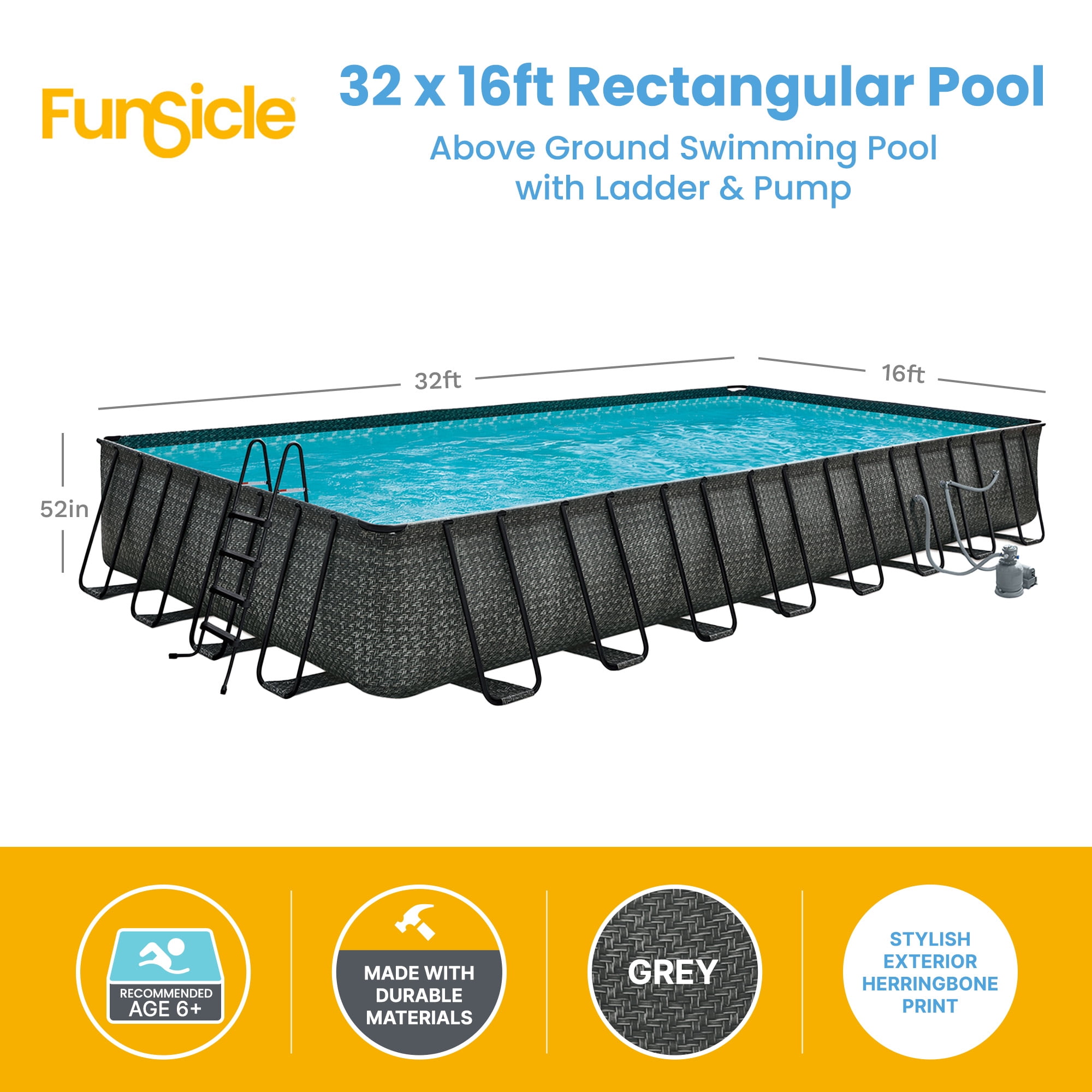 Funsicle 32' x 16' x 52" Oasis Designer Rectangular Above Ground Pool – Complete Set with Pump