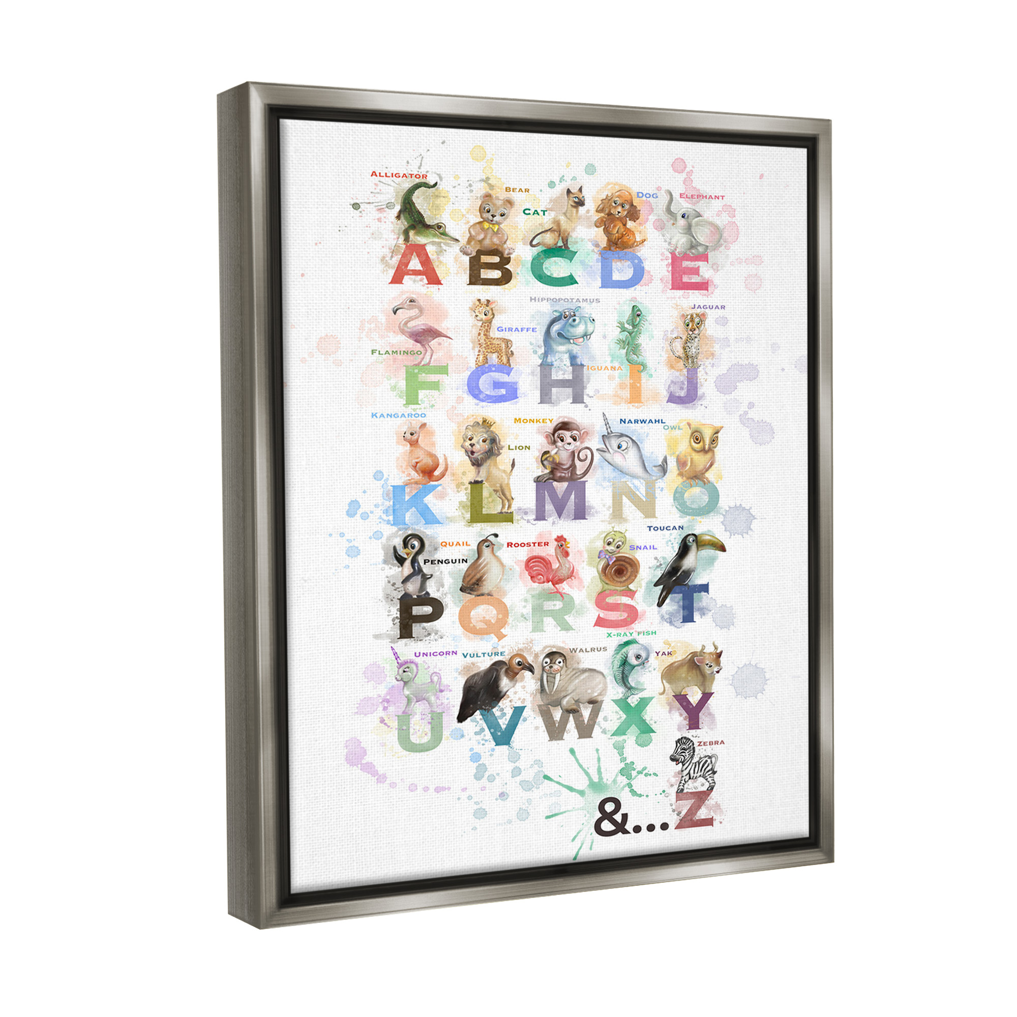 Stupell Industries Modern Splash Animal Alphabet Animals & Insects Painting Gray Floater Framed Canvas Art Print Wall Art, 25 x 31