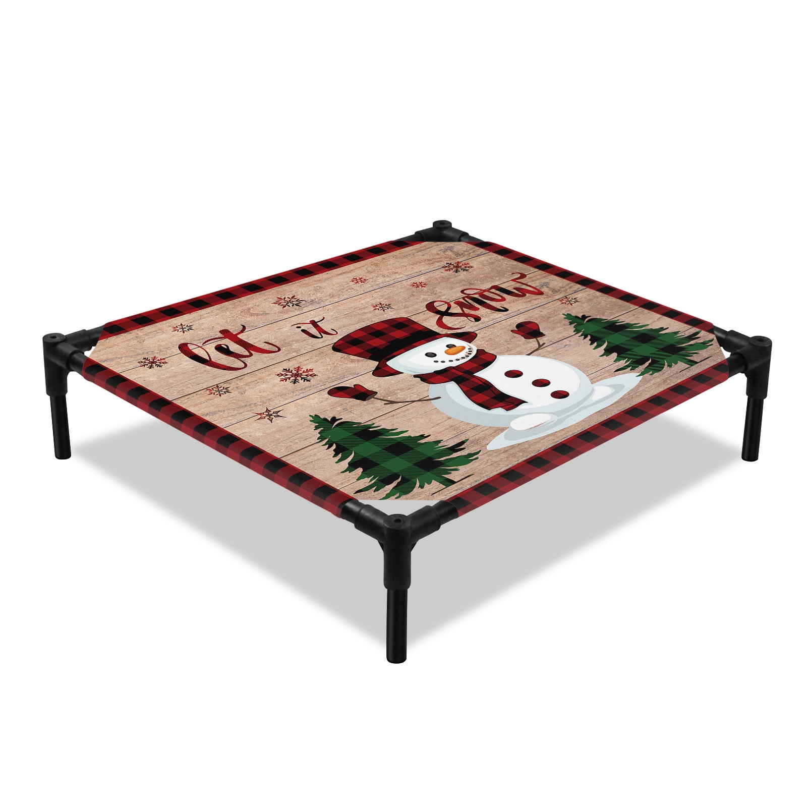Christmas Sowman Elevated Dog Bed Vintage Wood Grain Cooling Breathable Outdoor Raised Dog Cot Bed with Metal Frame Non-Slip Feet for Small Dog 20x20in