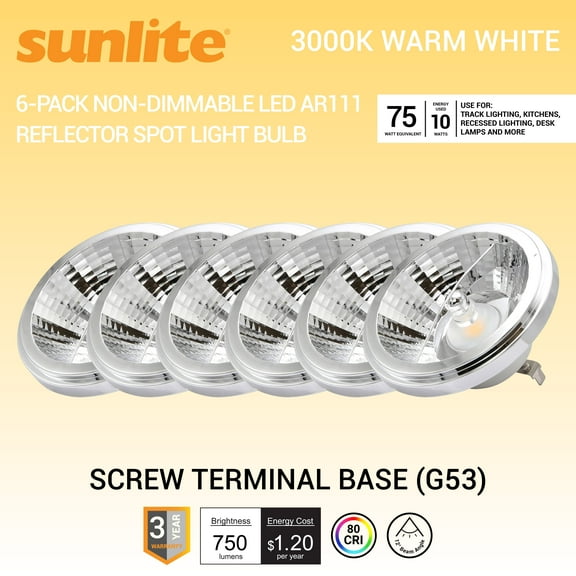 Sunlite 41828 AR111 Reflector Spot Light Bulb, COB, 12 Degree Beam Angle, 10 Watts, (75 Watt Equivalent), 750 Lumens, G53 Screw Terminal Base, 12 Volts, Non-Dimmable, 3000K Warm White, 6 Count