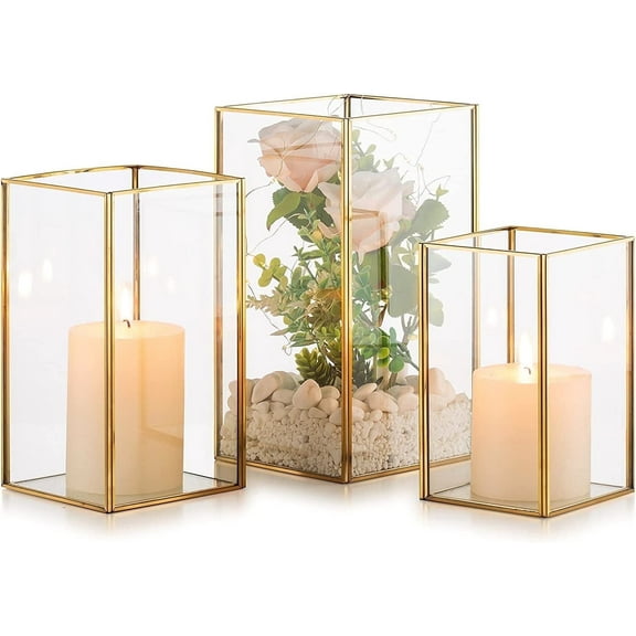 Nuptio Glass Hurricane Candle Holder Lantern for Pillar Candles, Gold Lantern Centerpiece for Tables Decorative Indoor ,Set of 3