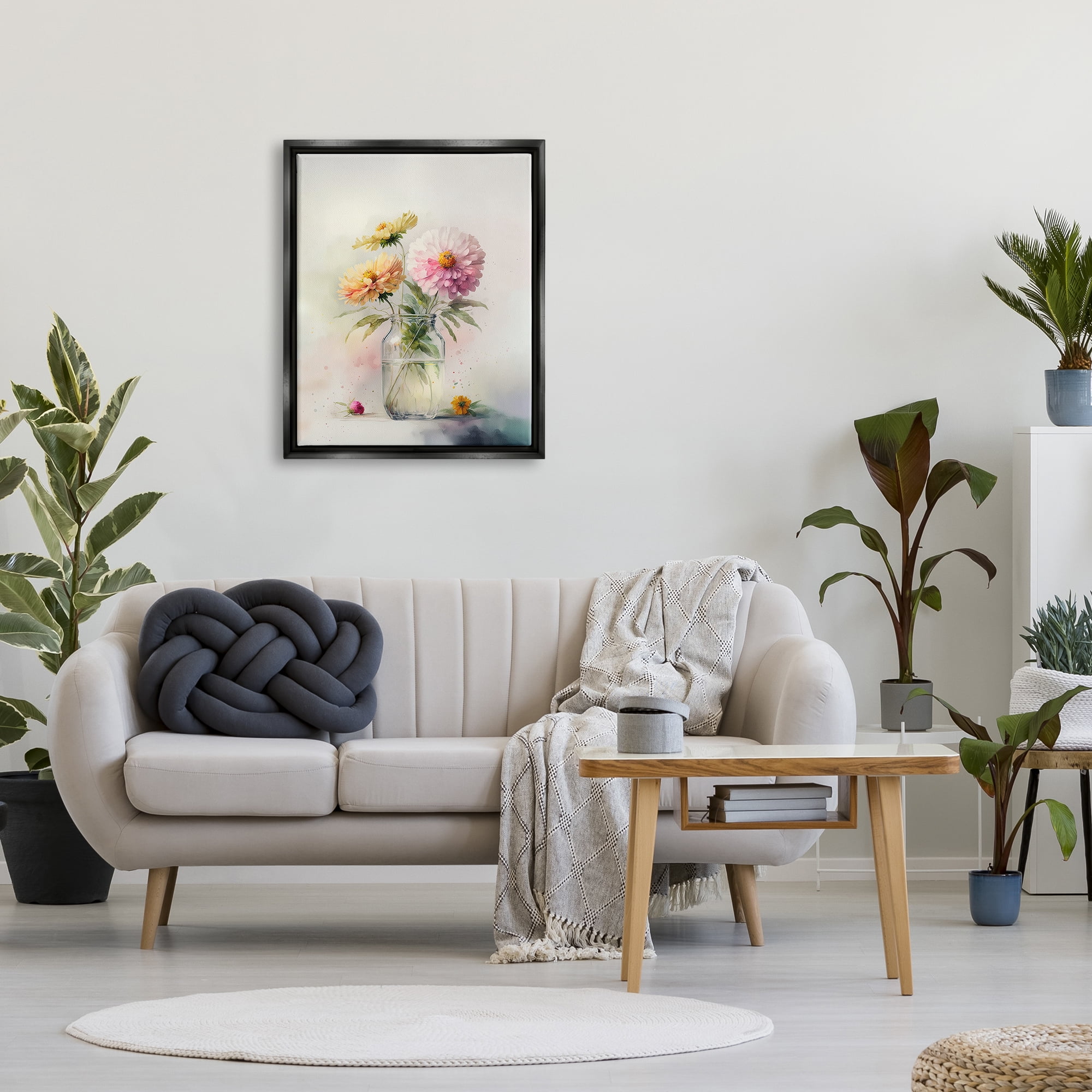 Stupell Industries Pink & Yellow Dahlias Botanical & Floral Painting Black Floater Framed Canvas Art Print Wall Art, 25 x 31