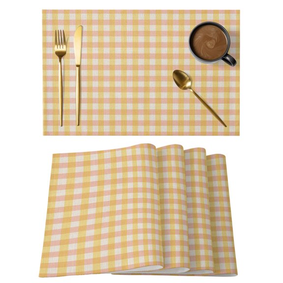 Buffalo Plaid Placemats Set of 2 Farmhouse Yellow Checkered Vintage Grid Place Mats Indoor Wipeable Table Mats Washable Cloth Dining Table Placemats for Kitchen Holiday Party Home Decor 13x19 Inch