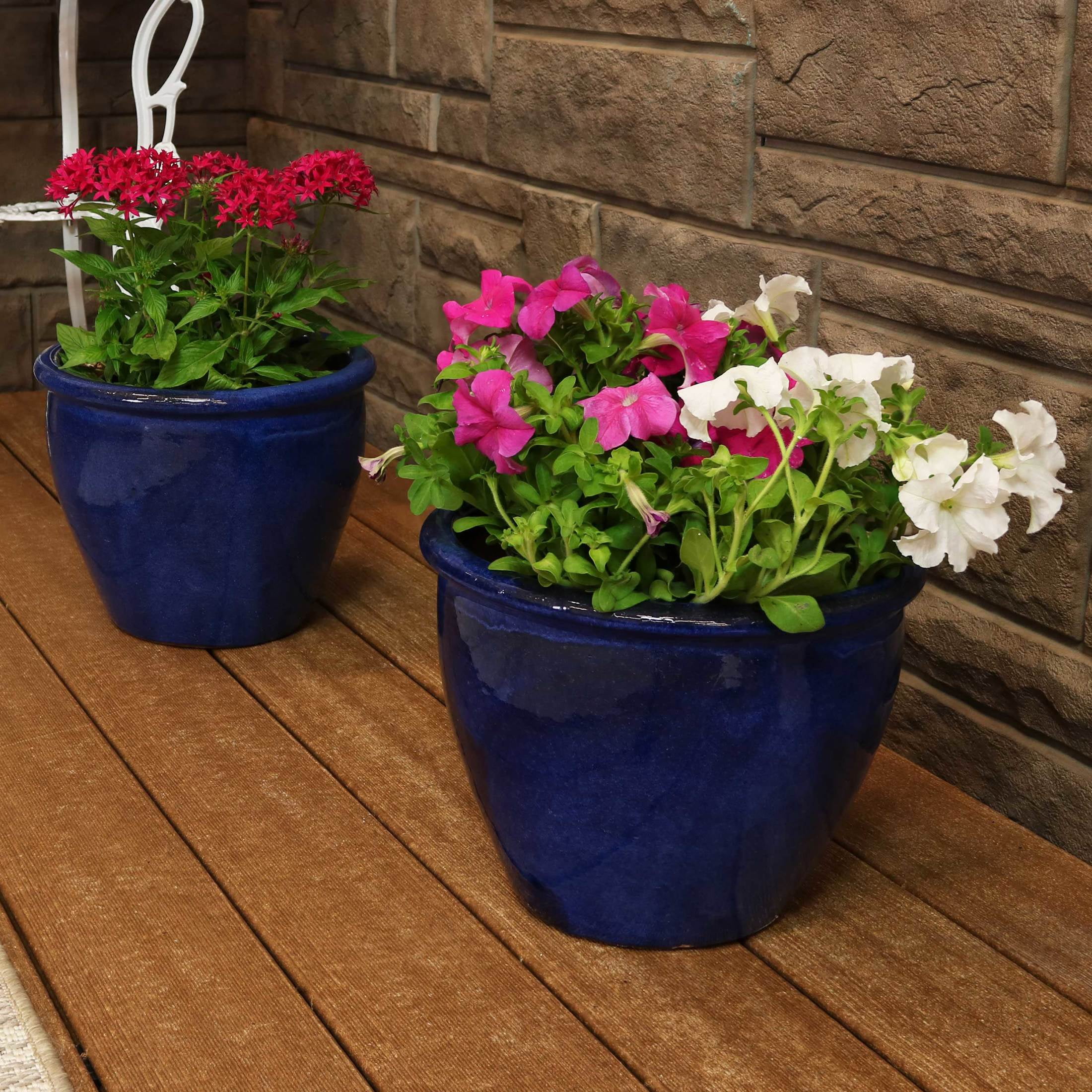 Sunnydaze Chalet 11.75" x 11.75" x 9.5" Round Imperial Blue Ceramic Outdoor Planter 2-Count