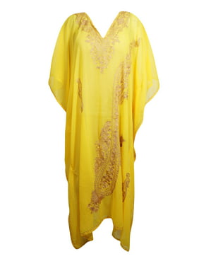 Mogul Womens Kaftan Maxi Dress Yellow Embellished Georgette Cover Up Caftan Dresses One Size