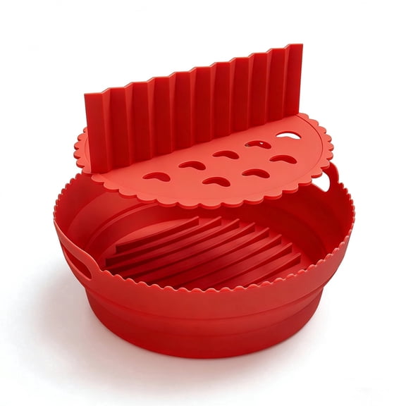 Air Fryer Liner 8.6 Inch Round Silicone, Reusable Non-Stick Collapsible Pot with Divider for 2 Flavors, Heat Resistant 446°F, Dishwasher Safe, Compatible with 5-8 QT Air Fryers, Red