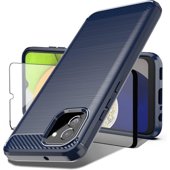 MYKOMI Galaxy A03 Case, Samsung A04e Case with Tempered Glass Screen Protector, Shock-Absorption Brushed Flexible Soft Carbon Fiber Protective Cover for Samsung Galaxy A03 (Navy)