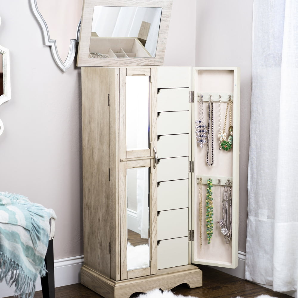 Hives & Honey Chelsea Standing Jewelry Armoire Cabinet, Jewelry Storage Organizer with Top Flip Mirror, 2 Doors, 7 Drawers, Jewelry Chest, Jewelry Box for Necklace, Earring, Bracelet, Taupe Mist