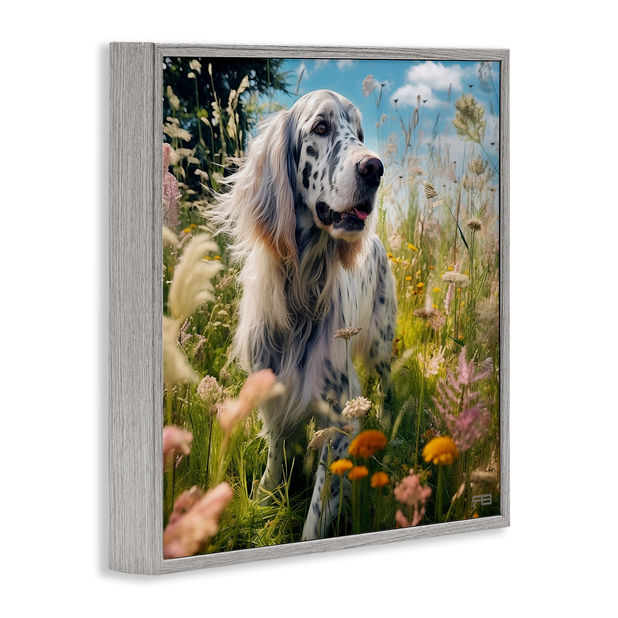 Stupell Industries Happy Dog Among Flowers Landscape Painting Gray Framed Art Print Wall Art, 24 x 24