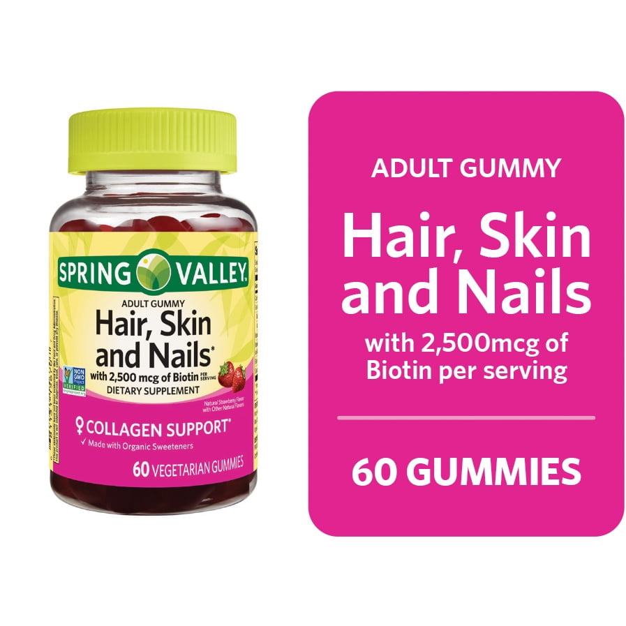 Spring Valley Organic Biotin Vegetarian Gummies, Strawberry Flavor, 2500mcg, 60 Count