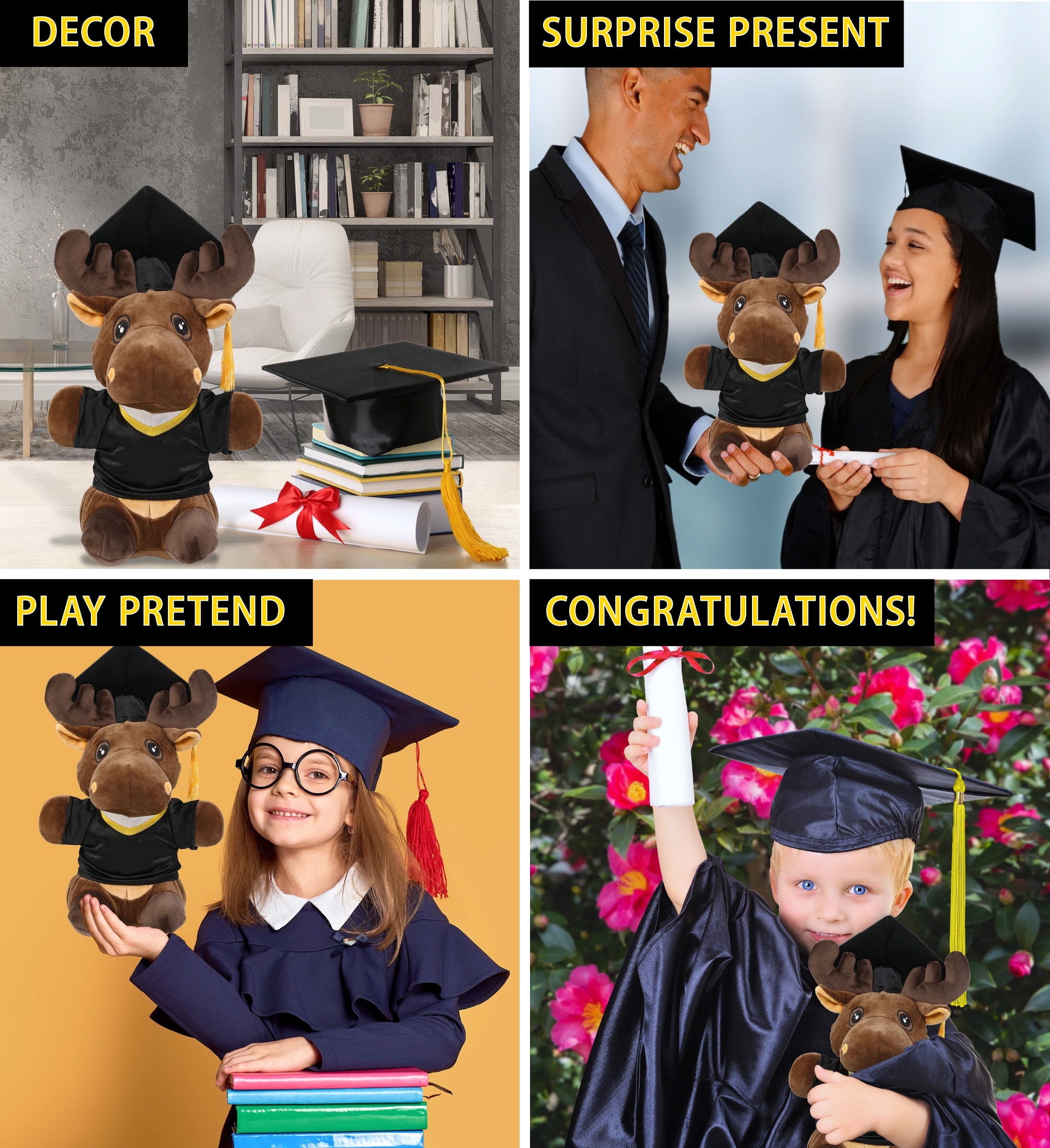 DolliBu Standing Moose Graduation Plush Toy - Snug-Mooshies Moose Plush Graduation Stuffed Animal Dress Up with Graduation Gown and Cap with Tassel Outfit - Congratulatory Graduation Gift - 7 Inches