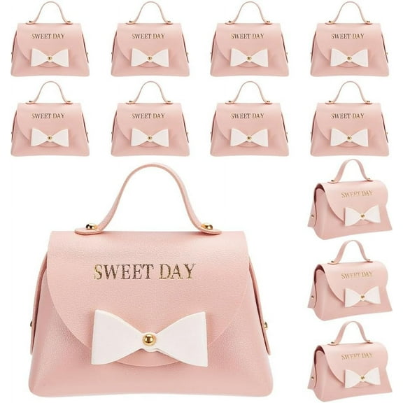 12 Pack PU Leather Bowknot Gift Boxes with Handle 5.1x2.7x3.15 inch Light Pink Small Handbag Candy Gift Box Reusable Gift Box for Baby Shower Wedding Birthday Anniversary Valentine's for DIY