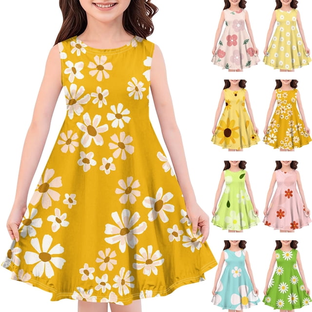 Girls Summer Dress Tween Dresses Sleeveless Floral Dress Soft Pink A-Line Summer Dress with Flower Print for Kids Ages 4-10 ,Sie:120