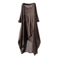 thumbnail image 4 of qolati Women's Long Sleeved Cotton Linen Dress 2023 Casual Loose Crew Neck Plaid Print Long Maxi Dress Plus Size Irregular Hem Ruffle A-Line Dress, 4 of 7