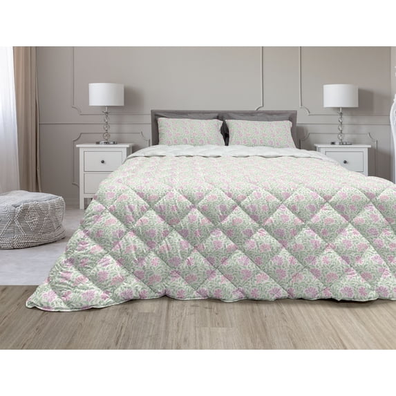 Floral Comforter & Sham Bedding Set, Pastel Botanical Blossom Petals Meadow Fragrance Beauty Summer, 3 pcs Duvet Set Microfiber Filling Quilt, 5 Sizes, Pale Pink Lilac, by Ambesonne