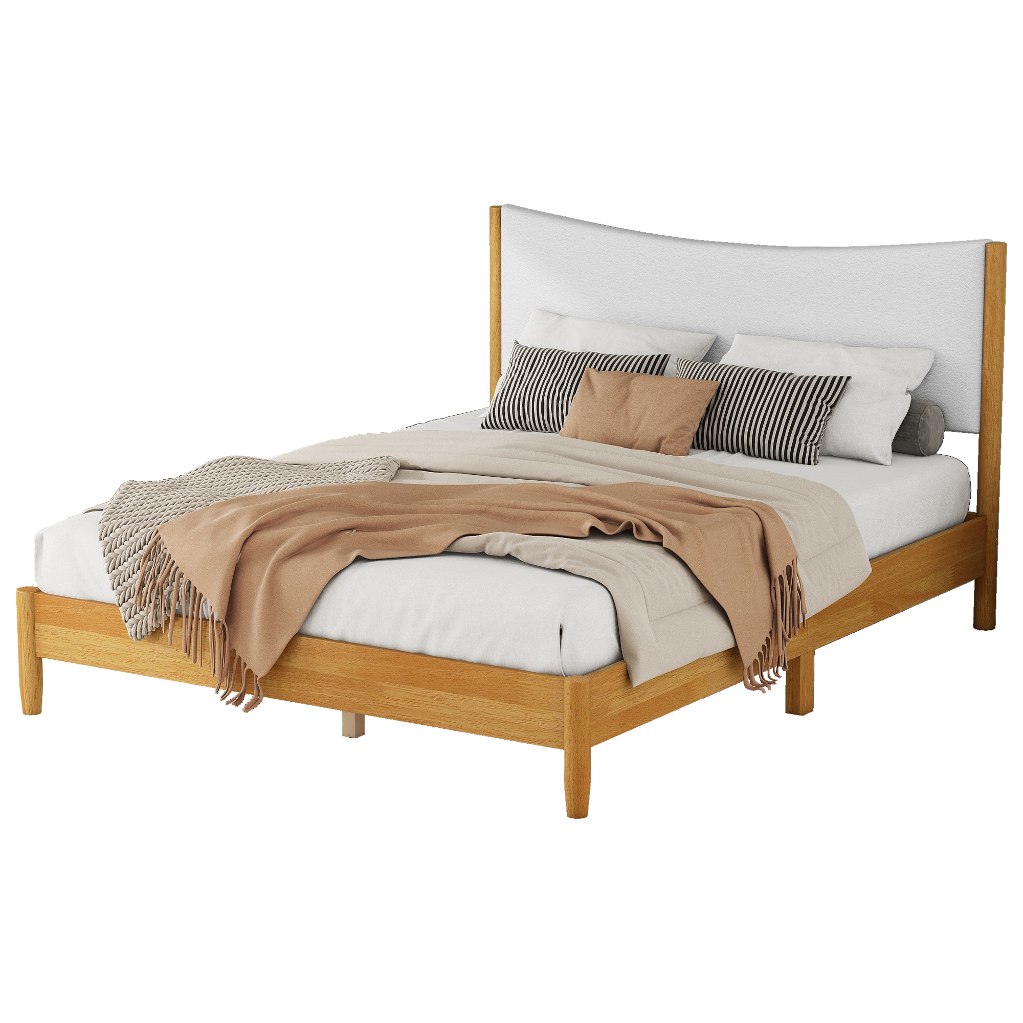 Aukfa Queen Size Bed Frame, Rubber Wooden Platform Bed with Teddy Upholstered Headboard, Oak