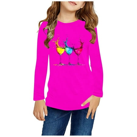 

ATOGUTA Cute Shirts for Teen Girls Hot Pink Long Sleeve Shirts Soft Crewneck Long-Sleeve T-Shirts Graphic Tees Size 3T-14