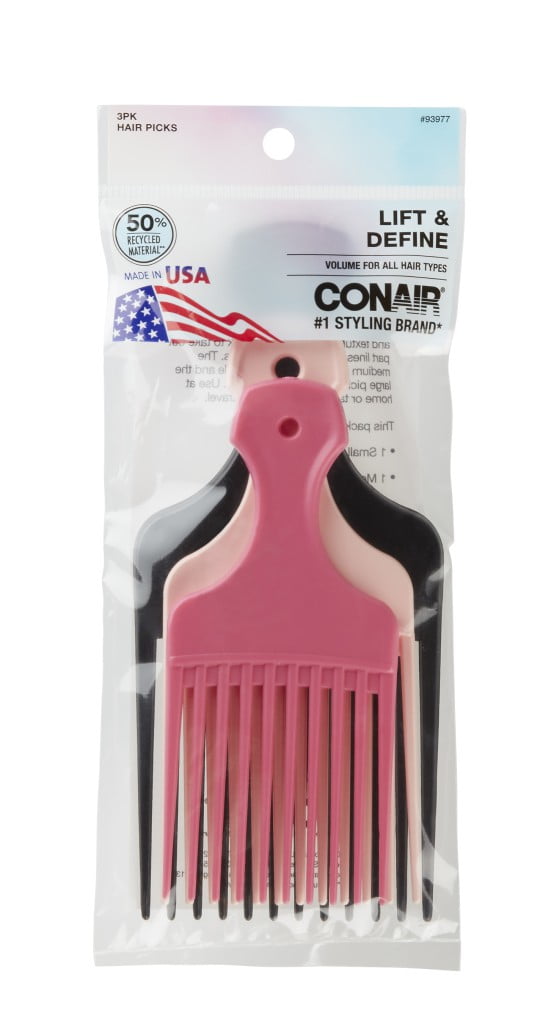 Lift & Define Detangling Hair Pick Combs, Assorted Sizes, Multicolor, 3 Count