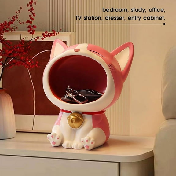 Cute Cat Statue for Candy Dish, Indoor Decor with Laughing Big Mouth Clearance Key or Accessories Storage Work Pink