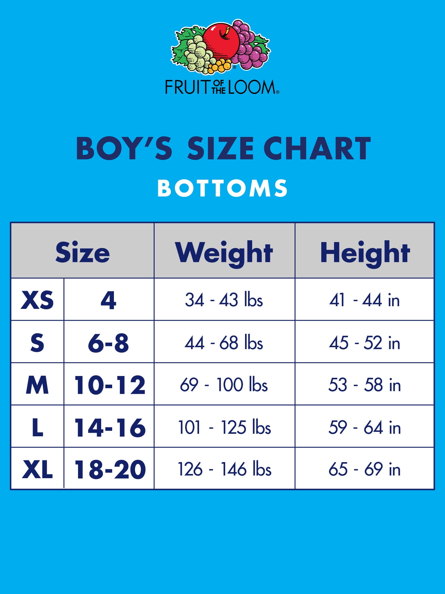 Fruit Of The Loom Sleep Pants Size Chart