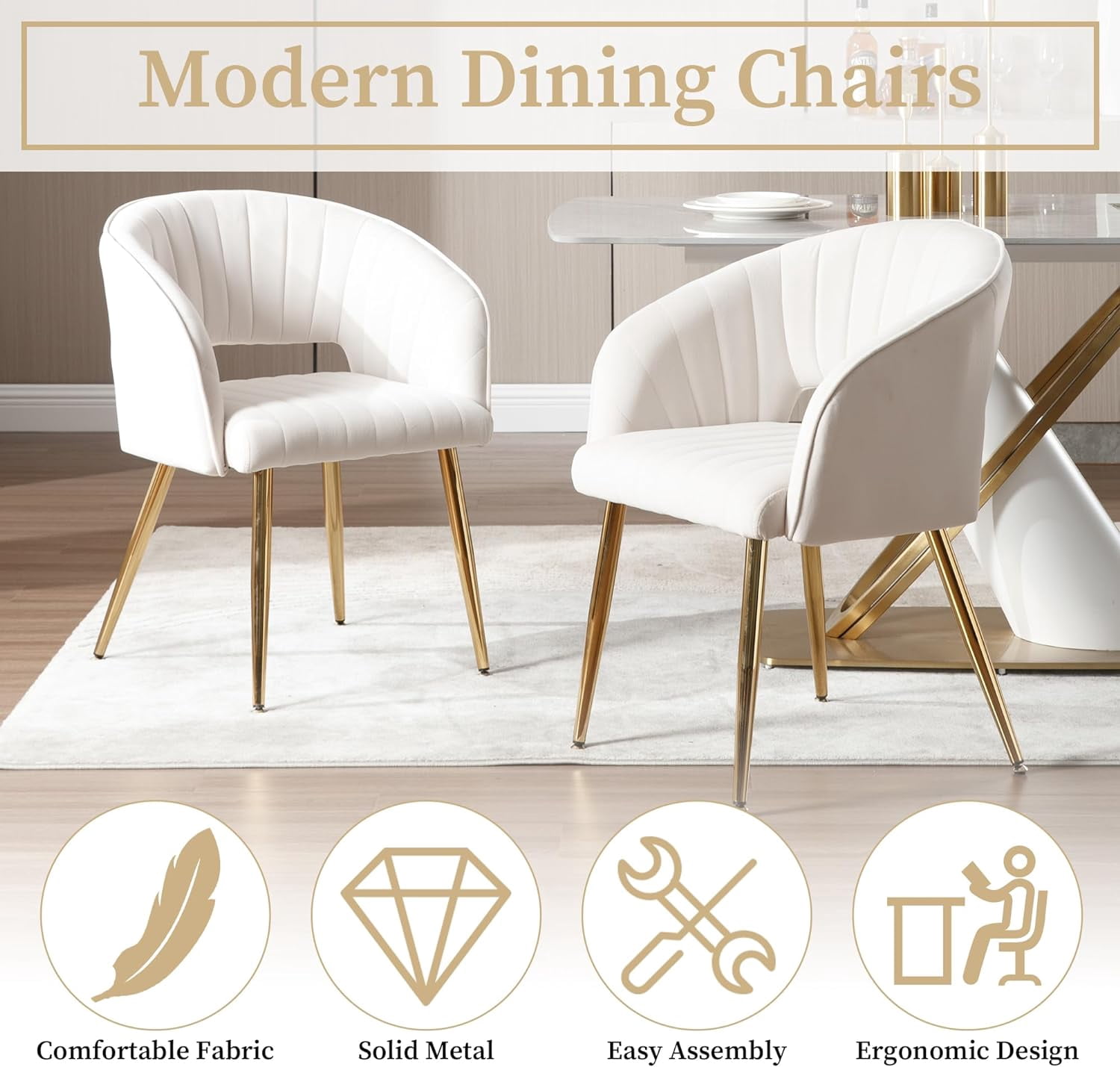 Westice Velvet Home Office Desk Chair, Modern Tufted Vanity Chairs with Gold Metal Legs, Upholstered Accent Armchair for Living Room Restaurant, White
