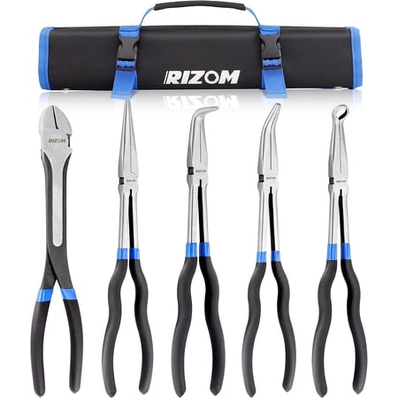 5-Piece 11 Inch Long Needle Nose Pliers Set, Extra Reach 45°&90° Bent Pliers, Circle and Diagonal for Narrow Spaces Limited Areas
