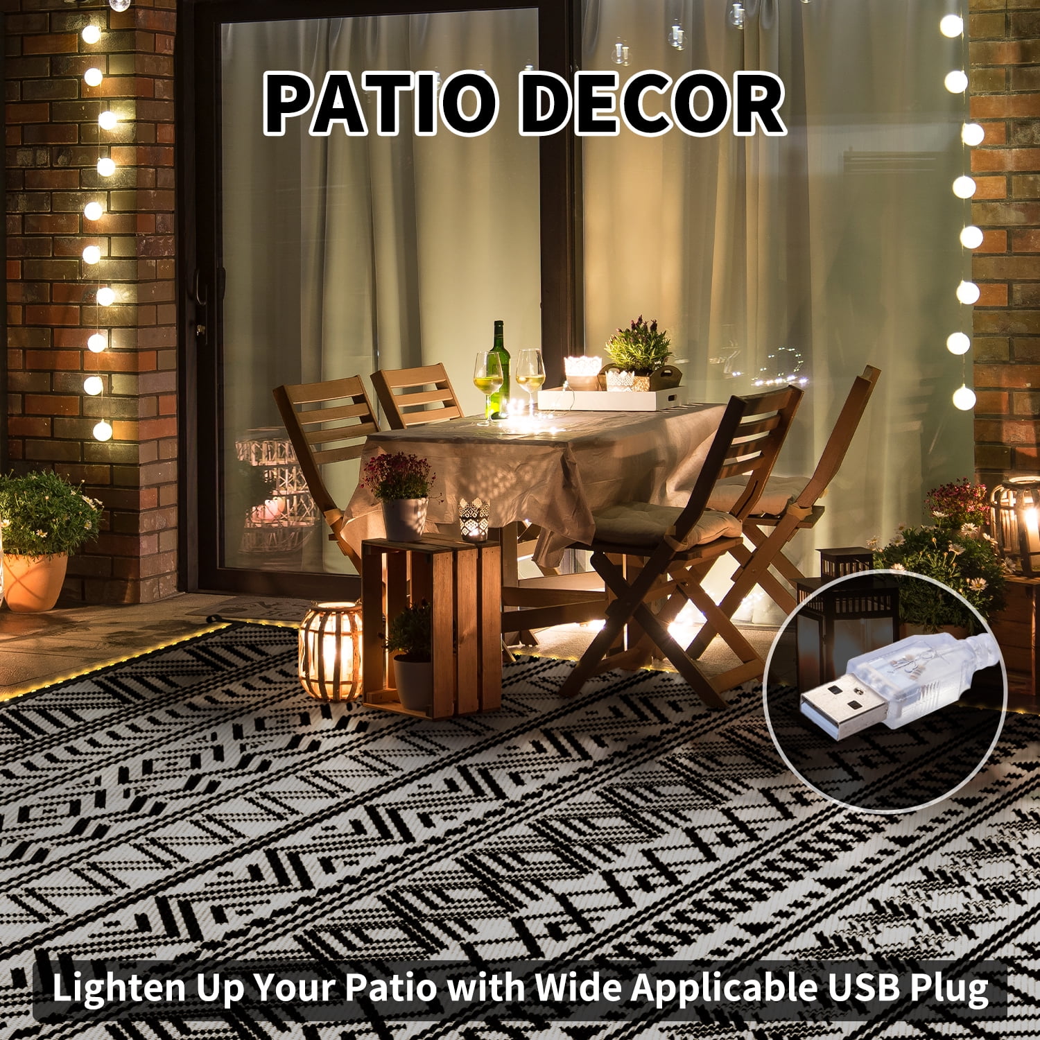 SIXHOME Outdoor Rug with LED Strip Lights 8'x10' Waterproof Reversible Patio Rug Boho Geometric Indoor Outdoor Rugs Lightweight Plastic Straw Rug for RV Camping Deck Balcony Modern Porch Decor Black