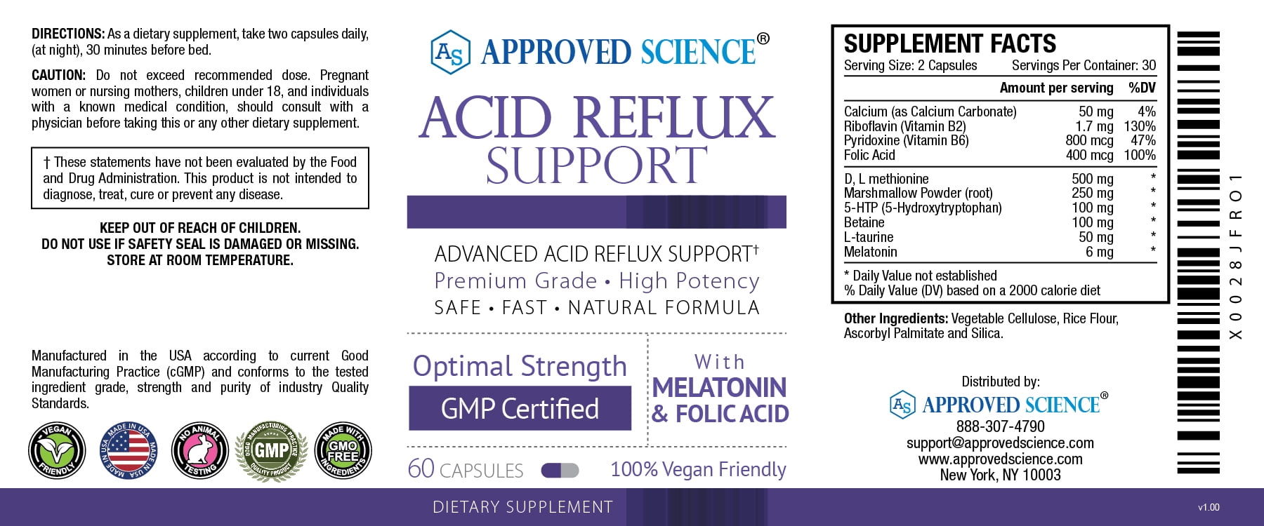 Approved Science Acid Reflux Support - with Melatonin, Marshmallow Root, L-Taurine - 60 Capsules - Vegan