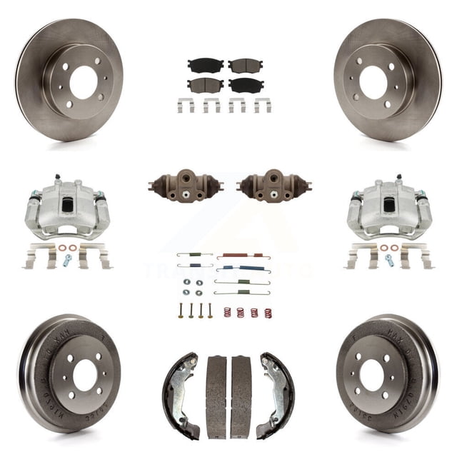 Transit Auto Front Rear Disc Brake Caliper Rotors Drums Ceramic Pads Shoes Wheel Cylinders and Hardware Kit (11Pc) for Car 2006 Hyundai Accent Hatchback To 09 30 05 KC8-100930C